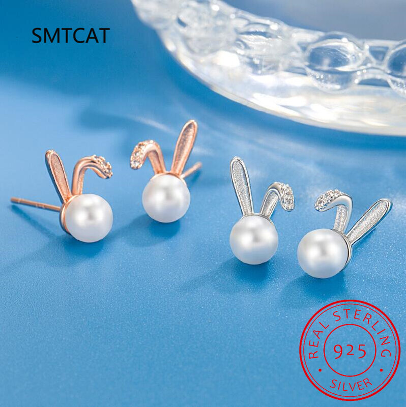 925 Sterling Silver Cute bunny Earrings for Women Wedding Engagement Ear shell pearl Hypoallergenic Brincos BSE463