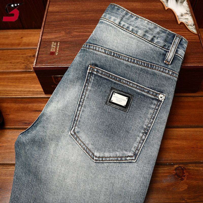Летние Молодежные джинсовые шорты 2024, Мужская модная брендовая синяя Ретро ностальгическая эластичная одежда, облегающие укороченные брюки