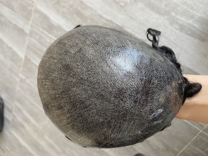 Unit rambut palsu keriting dasar Pu Super tipis bernapas 20mm rambut palsu 100% rambut manusia pengganti prostesis kapiler Unit rambut keriting