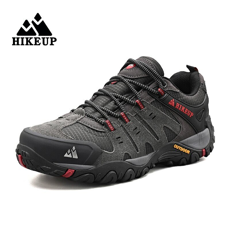HIKEUP-zapatos de senderismo para hombre, calzado táctico de cuero de gamuza, resistente al desgaste, para senderismo, caza