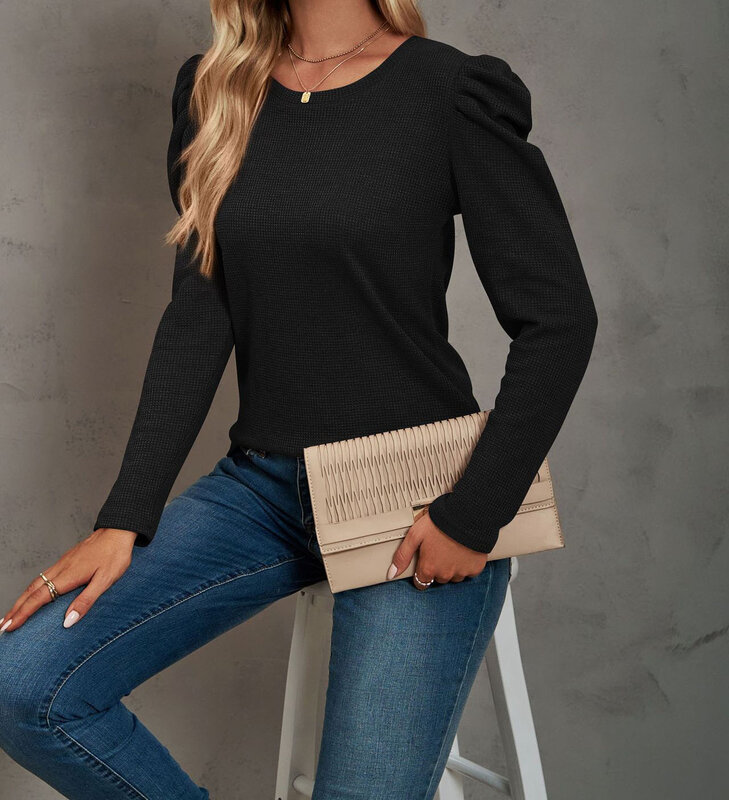 T-shirt for Female Autumn and Winter New Long-sleeved Pleated Splicing Round Neck Fashion Casual Blouse
