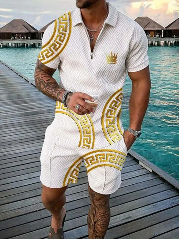 New Summer Men's Suit Trend 3D Printing Zipper Polo Shirt + Shorts Two Piece Set Soft Fashion Casual Men Clothing Tracksuit Set