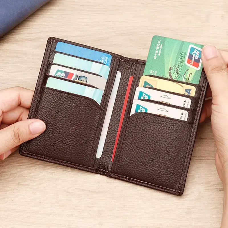 남성용 럭셔리 RFID 바이폴드 소형 카드 지갑, 정품 가죽 슬림 솔리드 은행 카드 ID 거치대 지갑, 신용 카드 홀더, 2024