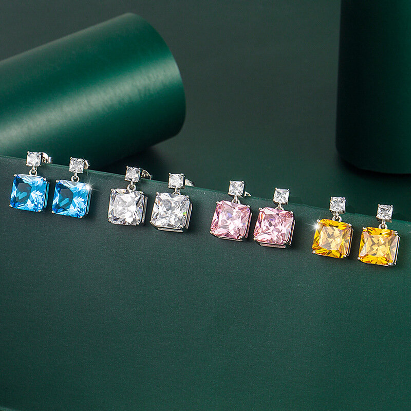 S925 Silber Nadel Mode Exquisite Quadrat CZ Anhänger 4 Farben Zirkon Ohrringe Damen Vielseitige Persönlichkeit Schmuck