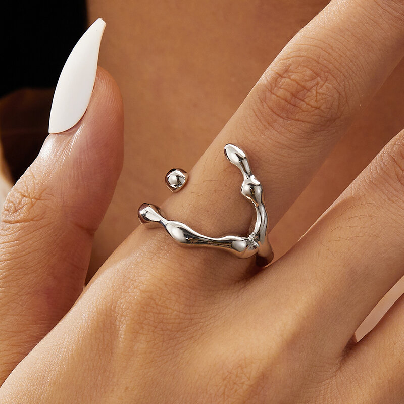 펑크 기하학적 불규칙한 액체 용암 물방울 모양의 여성을 위한 오픈 반지, 빈티지 실버 컬러 금속 반지, 개성 있는 보석