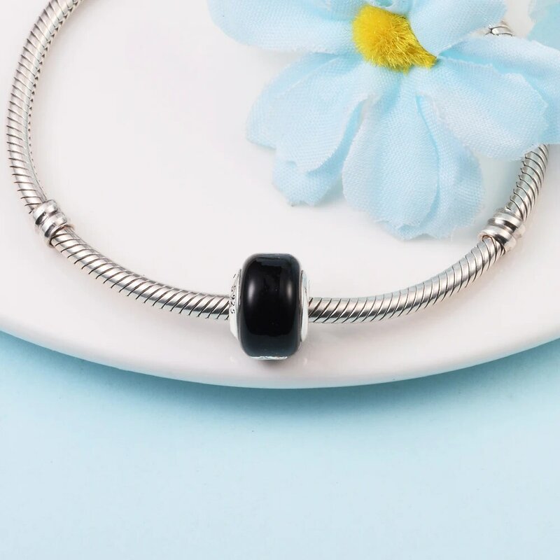 Abalorio de cristal de Murano negro para madre e hijo, accesorios de Plata de Ley 925 de San Valentín, cuentas para fabricación de joyas, Envío Gratis