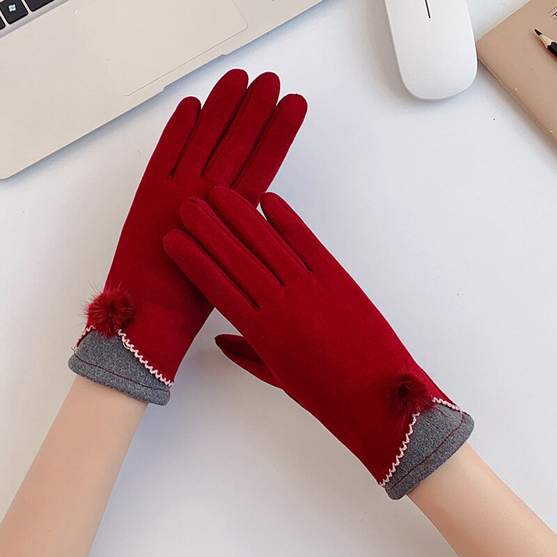 Women Winter Keep Warm Touch Screen Hairball Gloves Drive Cycling Plush Wrist Elasticity Windproof Fashion Elegant Soft Simple
