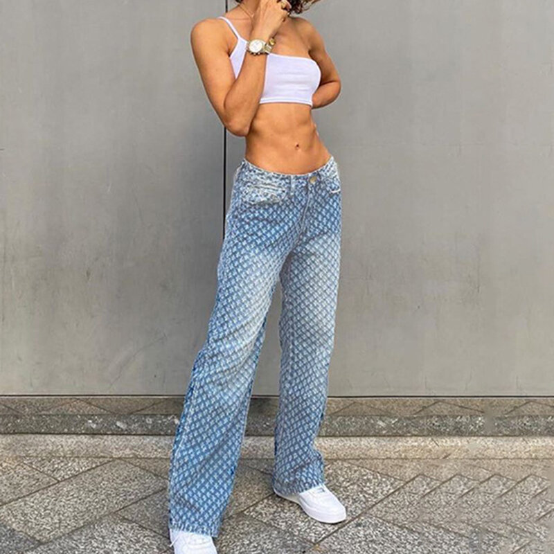 Jeans Berpinggang Tinggi Wanita Jeans Denim Lurus Saku Celana Kasual Wanita Robek Celana Panjang Antik Mode Streetwear untuk Wanita