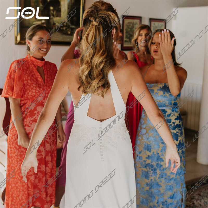 Sol gaun pernikahan Tule kerah persegi Halter sederhana untuk wanita dengan gaun pengantin putri duyung punggung terbuka elegan dengan sabuk