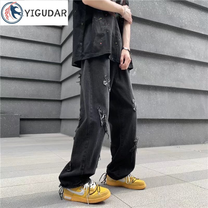 Cross black jeans for men and women, spring and autumn new fashion retro hip-hop trend loose wide leg straight leg jeans for men