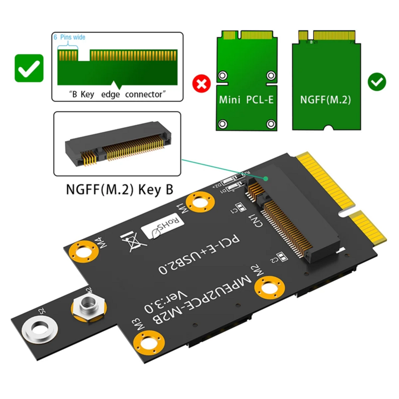 Mini adaptador com slot para cartão SIM Nano duplo, chave M.2 B para PCI-E, 3G, 4G, módulo 5G