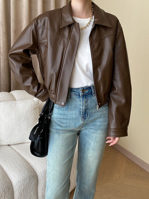 Женская куртка из ПУ кожи, черная Свободная куртка большого размера с отложным воротником и длинным рукавом, модная трендовая куртка, O607, весна-осень