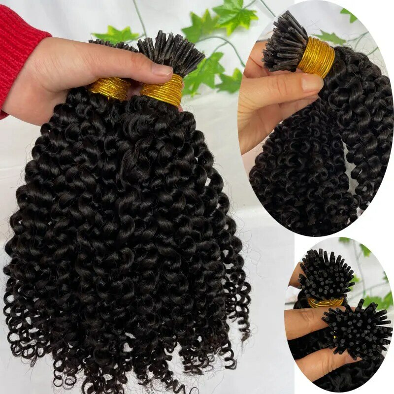 Itip-extensiones de cabello humano para mujeres negras, Pelo Rizado brasileño, microenlaces, negro Natural, 100 hebras por paquete