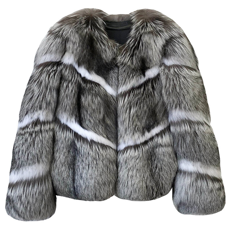 2023 Silver Fox Fur with White Fox Fur Women Fox fur Coat Black Real Fox Whole Skin Fur Winter Thick Soft Warm Fox Fur Jacket