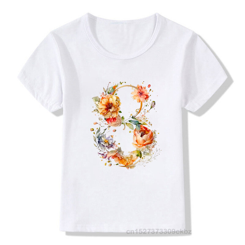 맞춤형 모란 꽃 1-9 생일 숫자 디자인 인쇄 어린이 티셔츠, 여아용 다채로운 반팔 상의, 여름