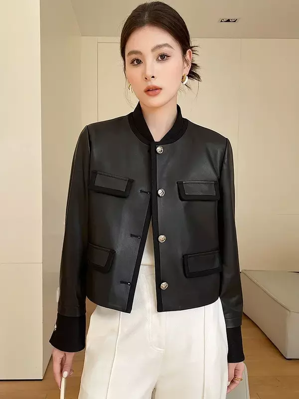 High-end Simple Black Genuine Leather Jackets Women 2024 Trend Spliced Design Single-breasted Elegant Short Real Sheepskin Coat