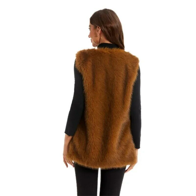 Jaket rompi bulu palsu wanita, jaket mantel bulu palsu hangat mewah modis musim dingin