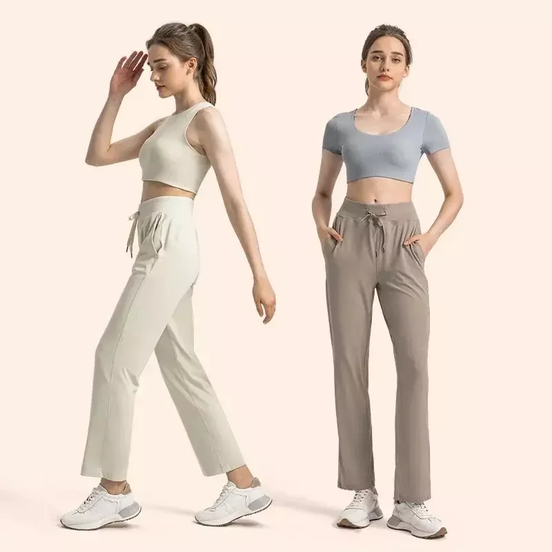 Limão Cordão Straight-Leg High Rise Calça Slim Fit, Sweat-Wicking, 4-Way Stretch Feels, legal para o toque Yoga Pant com bolso