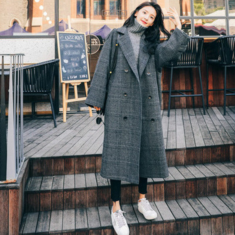 Elegante feminino xadrez casaco de lã coréia retro cinza escuro duplo breasted manga longa chique solto outerwear senhoras longo casaco