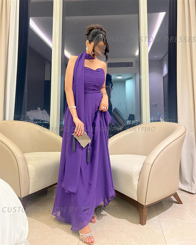 Saudi Arabic Women Vintage Formal Party Evening Dresses Dark Purple Long Ankle Length Chiffon Prom Dress Night Occasion