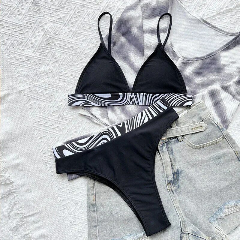 Baju renang wanita 2024 Bikini dua potong seksi cangkir segitiga motif Zebra hitam putih baju renang V-neck baju renang pinggang tinggi pakaian pantai