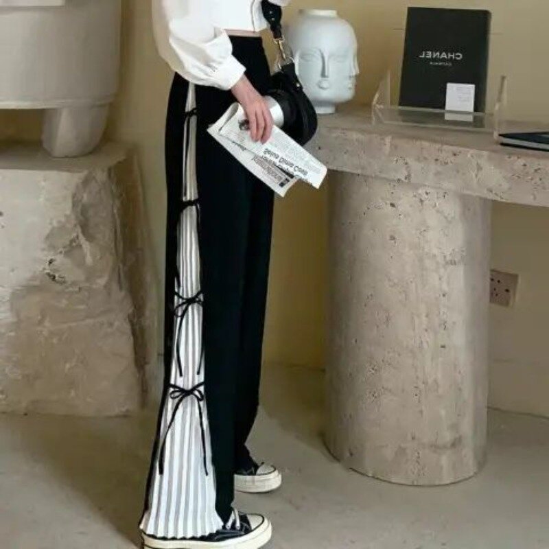 Pantalones de chándal con diseño de lazo para mujer, pantalón de pierna ancha, estilo coreano, plisado, de encaje, holgado, informal, recto, 2024