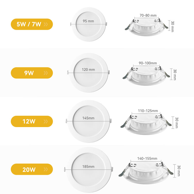 Spot Lumineux LED Circulaire Encastrable pour le Plafond, Éclairage d'Nik, 220V, 5W, 7W, 9W, 12W, 20W, AC 180V-265V, 10 Pièces/Lot