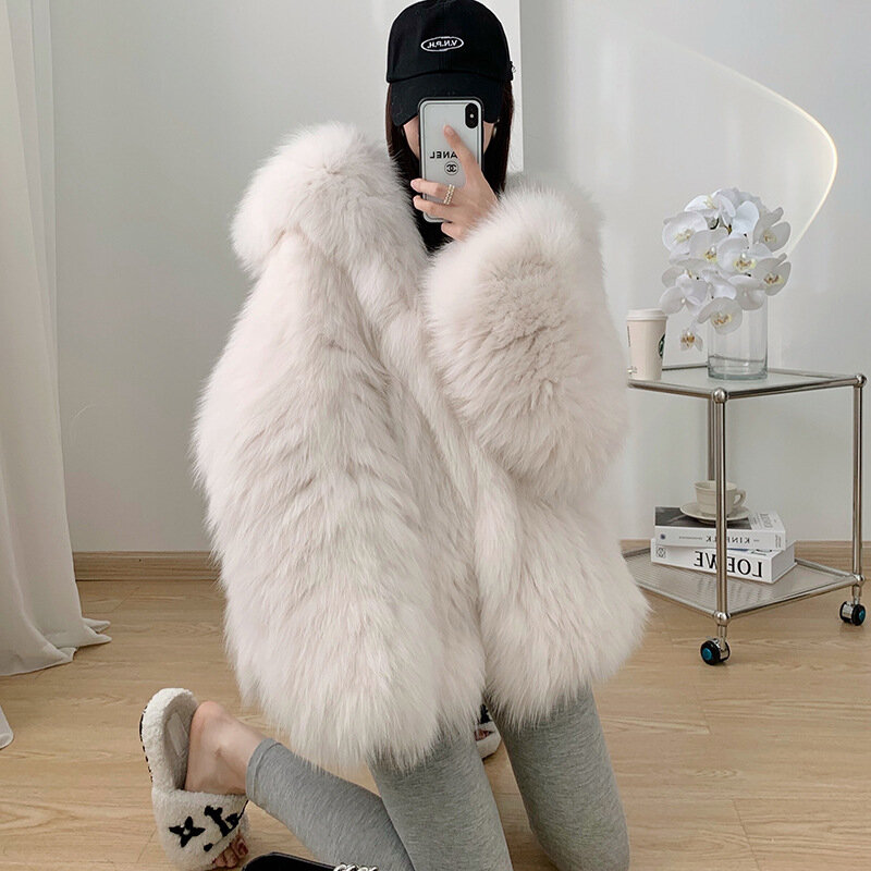 New fox fur double-sided hooded woven fur coat for women's Korean version medium length silhouette slimming coat
