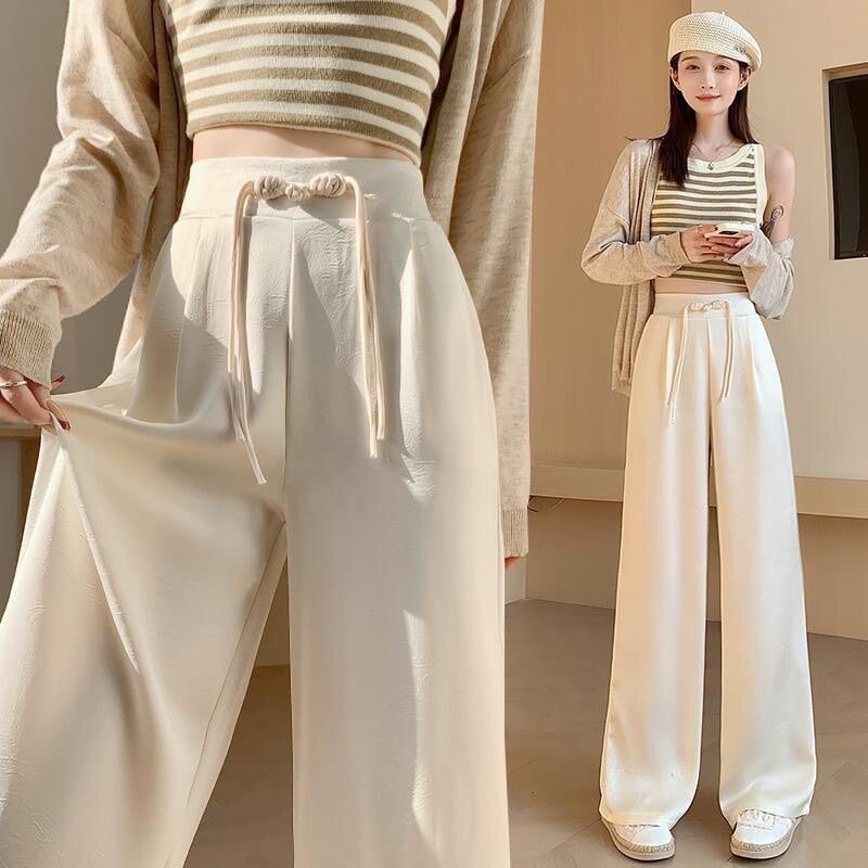 Calça Jacquard de perna larga feminina, calça retrô estampada, drapeado diário, estilo chinês, nova moda, primavera e verão, 2024