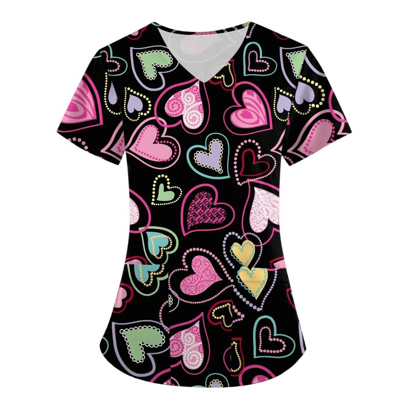 Valentine'S Day Hearts Printed Clothing Tops Women V-Neck Short Sleeve Working Tops Nurses Tunic Uniform Pocket Blouse