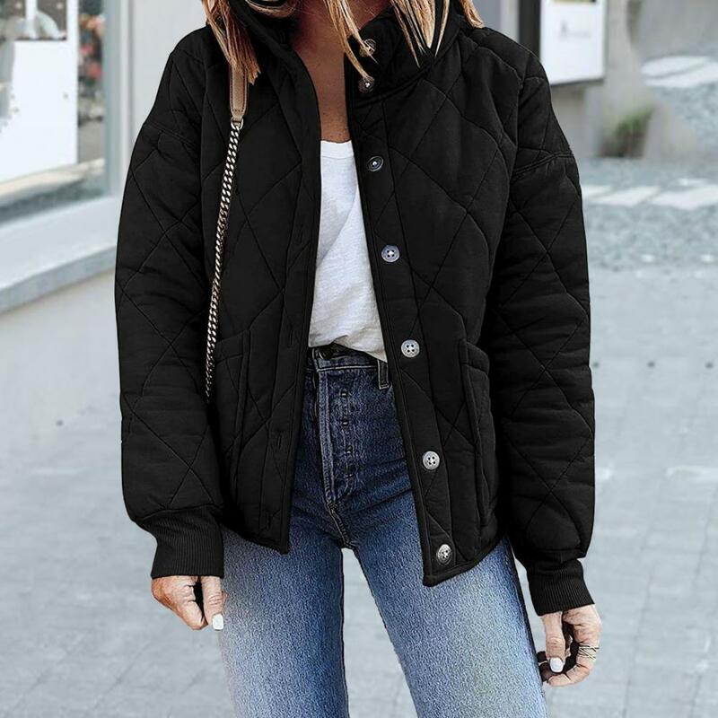 여성용 단색 라펠 긴 소매 싱글 브레스트 포켓 다운 코트, 따뜻하고 두꺼운 탄성 커프, 일상 착용 레이디 재킷