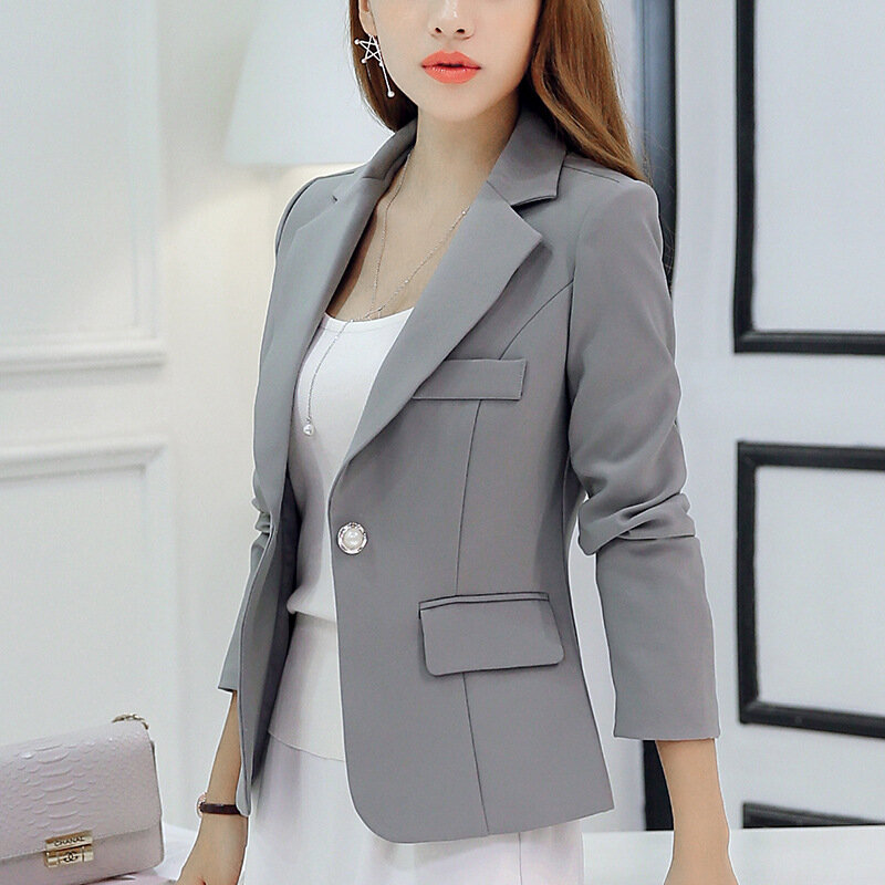 Blazer fino formal preto para mulheres, blazer curto casual feminino, terno de escritório feminino, jaquetas de bolso, casaco coreano, 2023