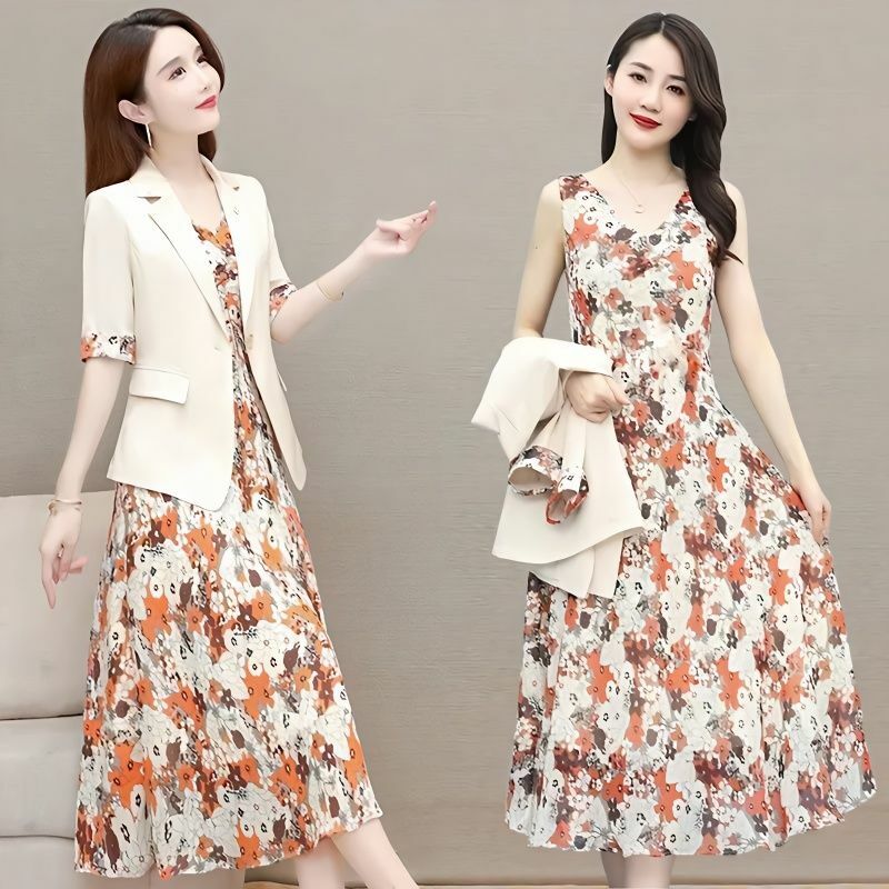 Ladies Spring Temperament Trend Printing Buttons Slim V-neck Sleeveless Dresses Women Casual Solid Color Buttons Short Sle Coat