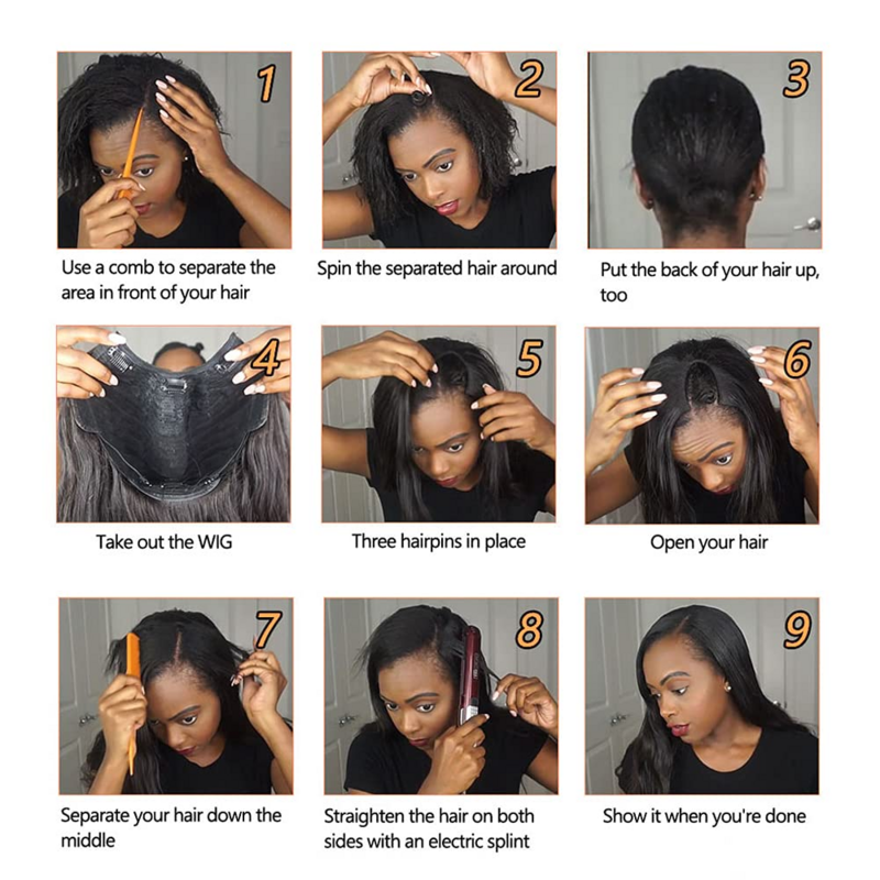 흑인 여성용 짧은 스트레이트 인모 가발, 180% 밀도, 브라질 스트레이트 가발, U 파트 밥 가발, 왼쪽 U 파트 가발