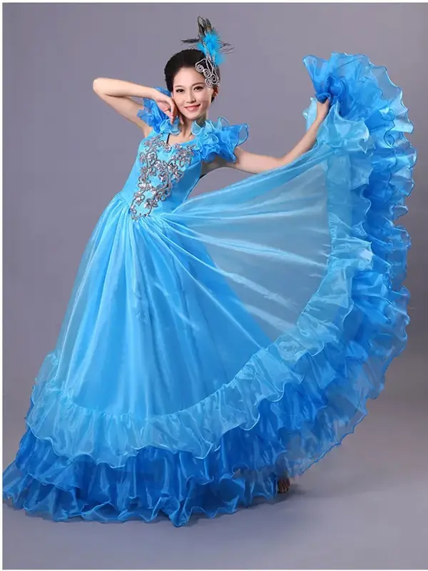 ชุดเดรสเต้นรำยาวโชว์หน้าท้องสไตล์สเปนชุดฟลาเมงโก FILLE สีแดง falda Flamenco ยาว360องศา