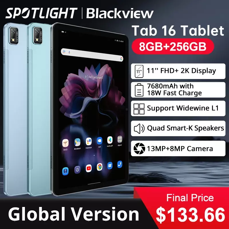 Blackview-Tablet Tab 16 con Android, 8GB + 256GB, 11 ", 2k FHD + pantalla, batería de 7680 mAh, Widevine L1 Unisoc T616, estreno mundial