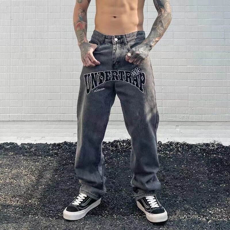 Джинсы Y2K мужские с вышивкой алфавита в стиле ретро, брюки из денима с широкими штанинами в стиле хип-хоп, прямые всесезонные повседневные свободные штаны в стиле панк