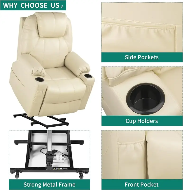 Fotel z podnośnikiem elektrycznym dla osób starszych, elektryczny fotel z podgrzewaniem i masażem, rozkładana sofa ze sztucznej skóry z 2-częściową filiżanką