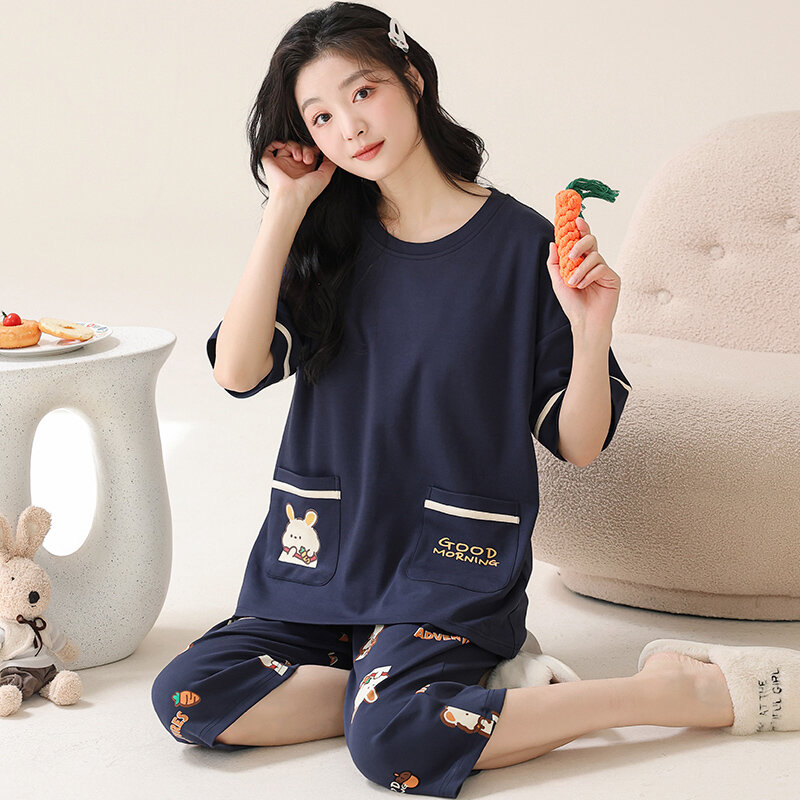 Пижамный комплект женский с коротким рукавом, хлопковый пижамный комплект с милым Кроликом, пижамный комплект с круглым вырезом, M-5XL