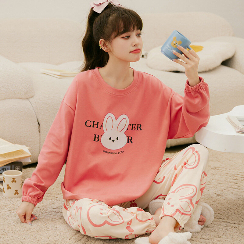 SUO & CHAO – ensemble pyjama imprimé dessin animé pour femme, haut à manches longues et pantalon Long, chemise de nuit, vêtements de maison, printemps-automne