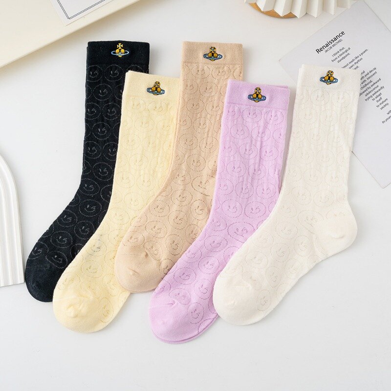 5 Pairs Thin Ice Silk Socks Women Breathable Mesh Embroidered Fashion Versatile Style Cool Summer Pile Up Women's Trendy Socks