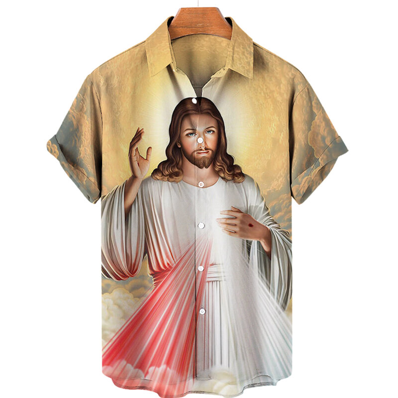 Gott Jesus Mary Hawaii Hemden für Männer gekreuzigte Religion 3D-Druck Harajuku lässig Kurzarm übergroße Top-Kleidung tropisch