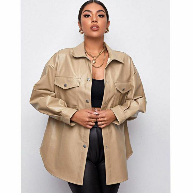 2023 Spring and Autumn European and American Pu Leather Women's Shirts Single Row Multi Button Lapel Ladies' Faux Leathercoat