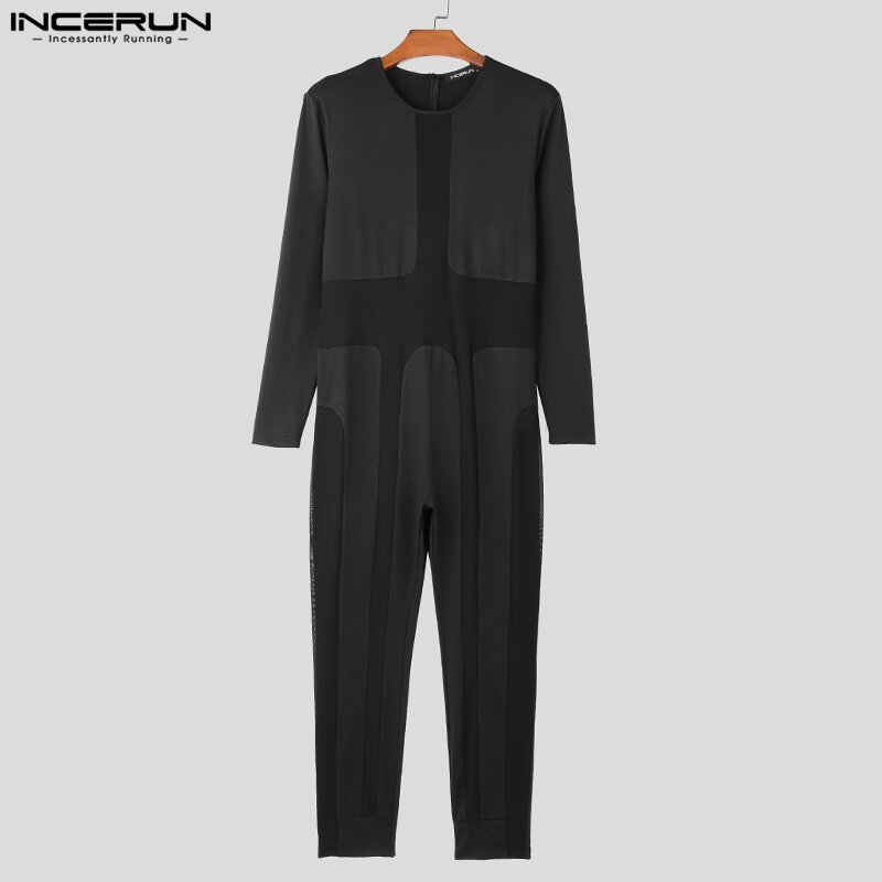 INCERUN 2023 American Style Men's Rompers Splicing Mesh Deconstruction Design Jumpsuits Sexy Casual Long Sleeved Bodysuits S-5XL