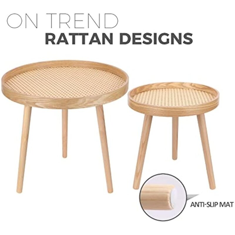 Round Coffee Table Set of 2, Natural Boho Coffee Table, Small Mid Century Modern Rattan Coffee Table, Boho Side Table End Tables