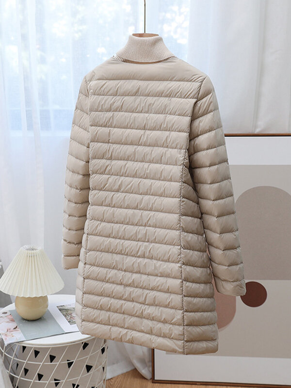 Женское зимнее пальто, новинка 2023, осенние куртки из ультратонкого утиного пуха, пуховик с круглым вырезом и длинным рукавом, ветрозащитная верхняя одежда с теплой подкладкой