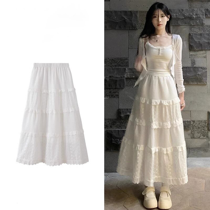 Chic White Hollow Out Long Cake Skirt Fashion Korean Spring Summer High Waist Sweet A-Line Midi Skirt Casual Culottes for Women