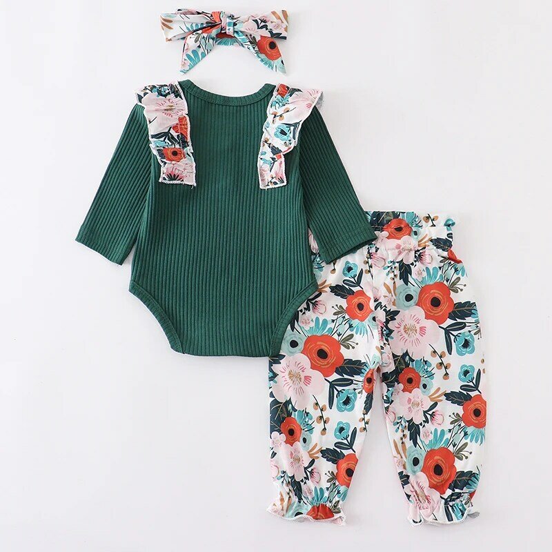 Vestiti della neonata vestito neonato carino floreale volant pagliaccetto Top pantaloni fascia 3 pezzi abbigliamento bambino manica lunga infantile