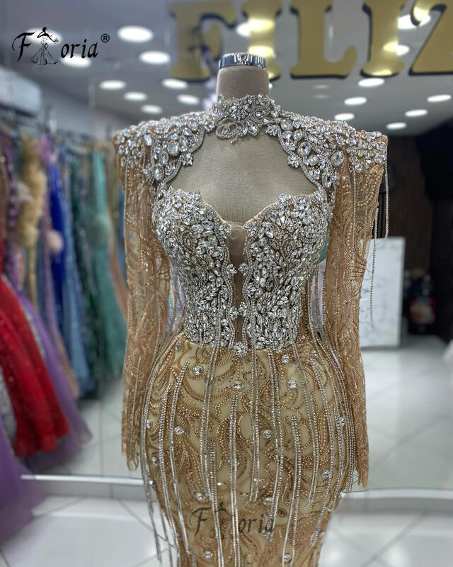 Gaun malam Formal lengan panjang sampanye Dubai gaun pesta pernikahan putri duyung rumbai kristal gaun malam Formal gaun pesta baru