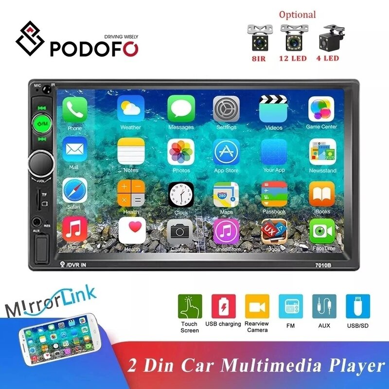 Автомагнитола Podofo универсальная, мультимедийный плеер 2 Din с 7-дюймовым сенсорным HD экраном, FM-приемником и монитором с функцией Mirror Link
